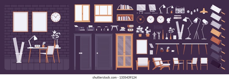 Workplace modern interior, home or office room creation kit, working space set with furniture, constructor elements to build your own design. Cartoon flat style infographic illustration, color palette