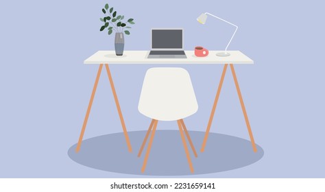 Workplace, modern interior, office. Office with a computer. Colorful vector illustration in flat cartoon style.Empty workplace, desktop, computer workspace, office, no people. home concept