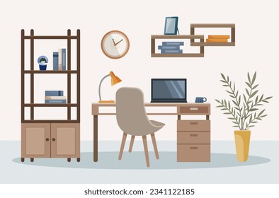 Workplace, modern interior, office. Office with сomputer, home flower, clock, lamp. Work at home. Illustration in flat cartoon style.