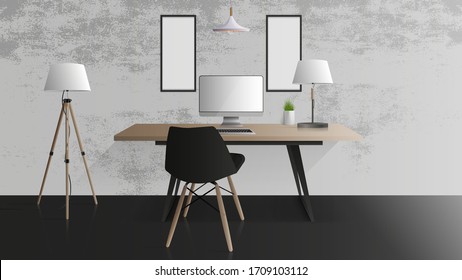Lugar de trabajo. Moderna habitación estilo loft. Monitor, teclado, ratón de ordenador, lámpara de mesa, planta doméstica. Vector.