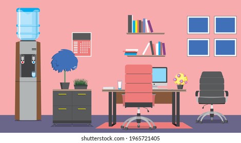 A workplace in a modern office. Cabinet. Creative workspace, office interior. Contemporary coworking center with computer, water cooler. Colorful pink vector illustration in a cartoon flat style