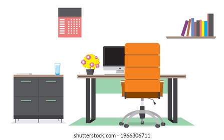 A workplace in a modern office. Cabinet. Creative workspace, office interior. Contemporary coworking center with computer. Colorful orange vector illustration in a cartoon flat style