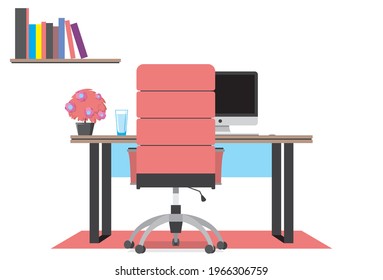 A workplace in a modern office. Cabinet. Creative workspace, office interior. Contemporary coworking center with computer. Colorful vector illustration in a cartoon flat style