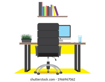 A workplace in a modern office. Cabinet. Creative workspace, office interior. Contemporary coworking center with computer. Colorful yellow vector illustration in a cartoon flat style