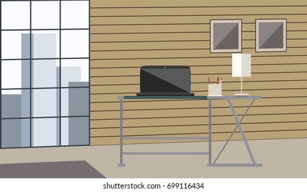 Workplace of the modern office worker. There is a table, a large glass window, laptop and other objects in the picture. Vector flat illustration.