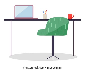 Lugar de trabajo con portátil inalámbrico moderno y silla cómoda, mesa de oficina con ordenador, taza y papel en soporte, trabajar en internet, espacio de trabajo vacío aislado en iconos de vector simple, blanco