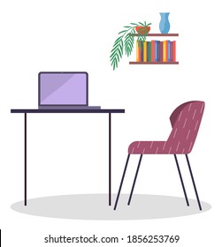 Workplace with modern wireless laptop and comfortable chair, office table with computer, bookshelf with books, houseplant and vase, working in internet, empty workspace isolated at white, simple icons