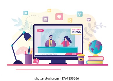 Workplace with monitor, breaking news live on display. TV presenters sit in studio. Caucasian journalists in internet. Female and male newscasters tells daily world news. Flat vector illustration