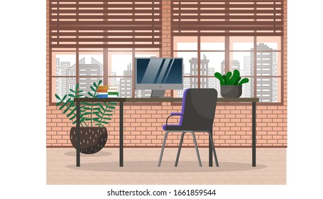 Workplace monitor of computer, books and plant on desktop, empty chair. Office nobody place with panoramic window and cityscape view. Interior of working space with pc device and notebook vector