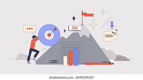 Workplace motivation and successful progress neubrutalism tiny person concept. Career development and growth with inspiration, empowerment and determination vector illustration. Performance award.