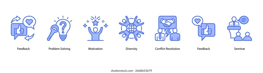Workplace Motivation web banner vector illustration featuring Feedback, Problem Solving, Motivation, Diversity, Conflict Resolution, Feedback, and Seminar.