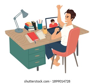 Workplace, negotiations. Man sits on a chair at a table with a computer, a workplace, online video communication. Thumbs up sign. Joy is an emotion. Vector illustration in flat style white background