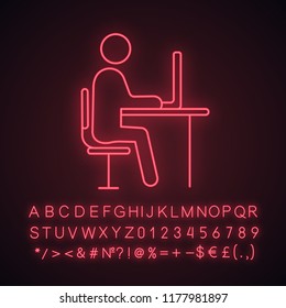Workplace neon light icon. Work space. Office worker. Freelance job. Person working with laptop. Glowing sign with alphabet, numbers and symbols. Vector isolated illustration