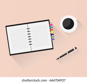 Workplace with notebook, pen and coffee