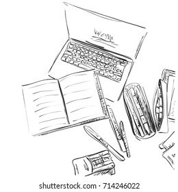 Workplace with notebook. Workplace sketch. School object