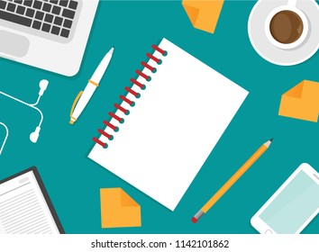 workplace with notebook, smartphone, pen, coffee, earphones and laptop. workplace isolated on blue background.
notebook top view. freelancer job. Vector illustration. Creative work