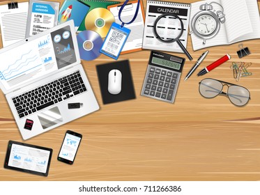 workplace with object and tools on wood table