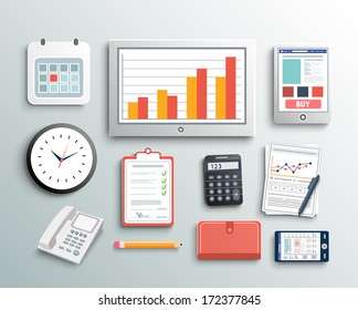 Workplace office and business work elements set. Mobile devices and documents