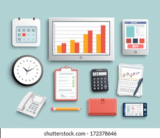 Workplace office and business work elements set. Mobile devices and documents