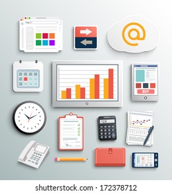 Workplace office and business work elements set. Mobile devices and documents