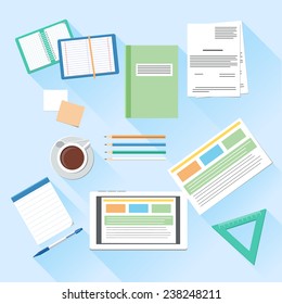 Workplace office and business work elements set. Mobile device tablet and documents