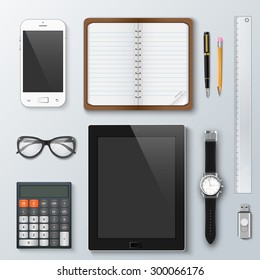 Workplace office and business work elements set. Mobile phone, calculator, notebook, pen, tablet, watches and other office things and equipment, finance and marketing objects, development tools.