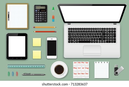 Workplace office and business work elements set. Mobile devices and documents