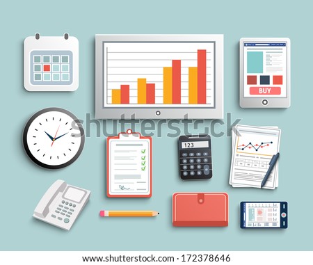 Workplace office and business work elements set. Mobile devices and documents