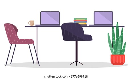 Workplace in office. Cabinet with creative workspace. Furniture and equipment for the workplace of an employee or office worker. Modern open space interior, empty contemporary co working center