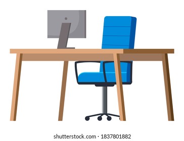 Workplace in office. Cabinet with creative workspace. Furniture and equipment for the workplace of an employee or office worker. Modern open space interior, empty contemporary co working center
