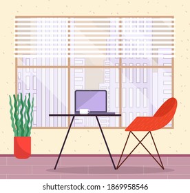 Workplace in office. Cabinet with creative workspace. Furniture and equipment for the workplace of an employee or office worker. Modern open space interior, empty contemporary co working center