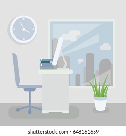 Workplace in the office. Cabinet with a working space with a table and a computer with a large window. Vector illustration.