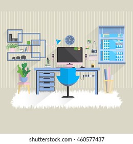 Workplace in office. Cabinet with workspace with desk and computer . Flat style vector interior illustration.