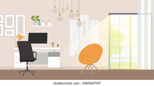 Workplace in office. Cabinet with workspace with table and computer with big window. Big boss office. Flat style vector illustration