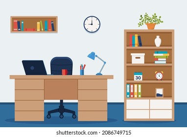 Workplace in office. Cabinet with workspace with table and computer. Concept illustration, flat style vector.