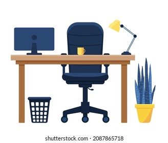 Workplace in office. Cabinet with workspace with table and computer. Concept illustration, flat style vector.