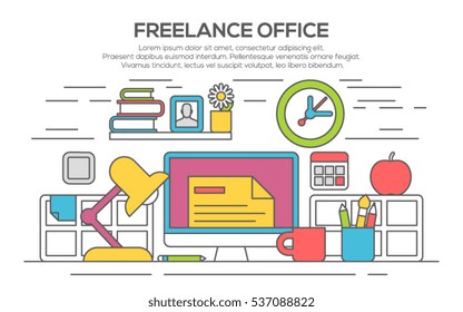 Workplace in office. Cabinet with workspace with table and computer. Flat style vector illustration. Modern home office interior. Home office workspace with desk computer, thin line, flat design