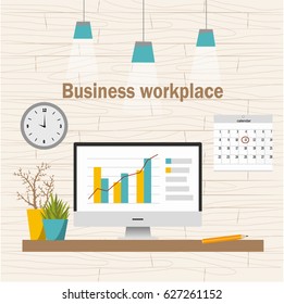 Workplace in the office. Cabinet with workspace with table and computer. Vector illustration.