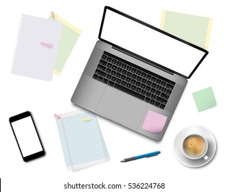 Workplace in office with computer smartphone, isolated blank screen mockup. Paper notes, pen and coffee scattered mess. Vector eps 10 format