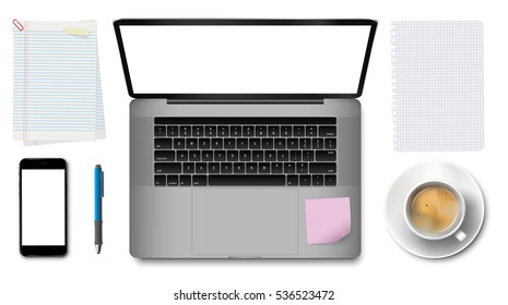Workplace in office with computer smartphone, isolated blank screen mockup. Paper notes, pen and coffee. Vector eps 10 format