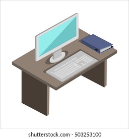 Workplace in office. Workplace concept. Cabinet with desktop computer. Isometric interior of cabinet. Business concept object. Vector illustration in flat. Isolated object on white background