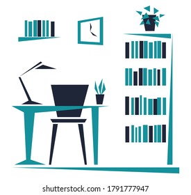 Workplace in the office. Desk, bookcase. Abstract flat design of simple geometric shapes. Vector illustration.