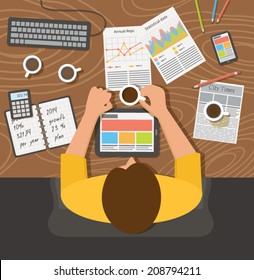 Workplace, office desk. Business man working with computer and documents, top view. Flat design illustration