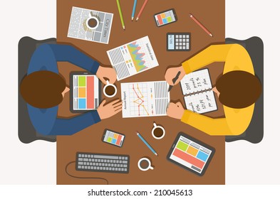 Workplace, office desk. Business man at meeting, top view. Flat design illustration