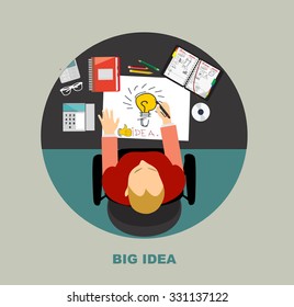 Workplace, office desk. Business man working, top view. Concepts for big idea, Business planning. Flat design illustration