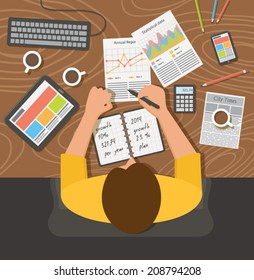 Workplace, office desk. Business nan working with documents, top view. Flat design illustration