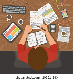 Workplace, office desk. Business woman working with documents, top view. Flat design illustration