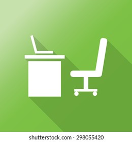 workplace office desk chair laptop icon with long shadow.