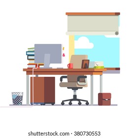 Workplace office desk with a computer, comfortable chair and a pedestal drawer. Flat style modern vector illustration.