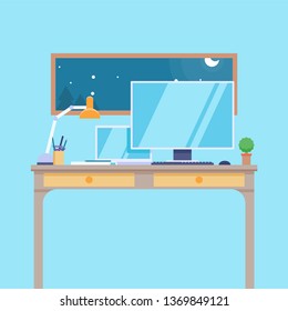 Workplace in office - desk with computer, lamp